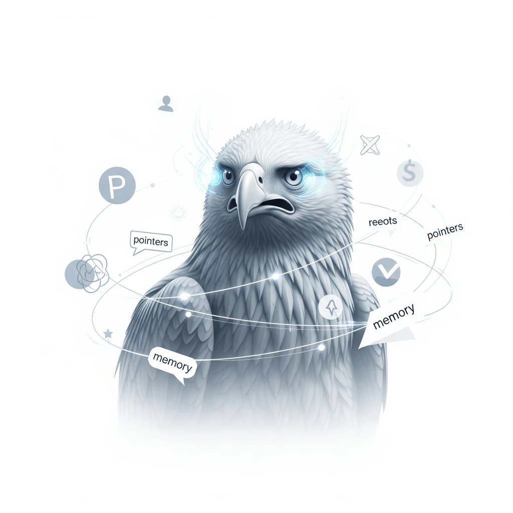 An illustration of a majestic, non-existent eagle-like bird with a bewildered and stressed expression, surrounded by abstract, cool-toned visual metaphors for complex programming concepts like 'pointers', 'memory', and 'references'. Blue glowing lines emanate from its head, hinting at AI-driven development. The background is simple and white.