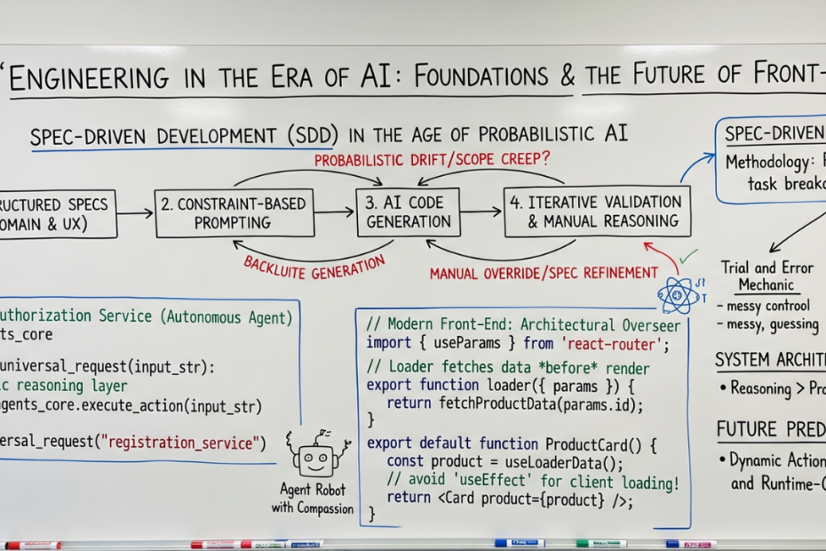 Whiteboard illustration titled “Engineering in the Era of AI: Foundations & the Future of Front-End,” explaining spec-driven development, AI code generation, iterative validation, and modern front-end architecture with Perete Harrison, DevOps, Software & AI Engineer; Kehinde Adeyombo, Front-End Web Development Engineer; and Gideon Usani, Front-End Web Development Engineer.