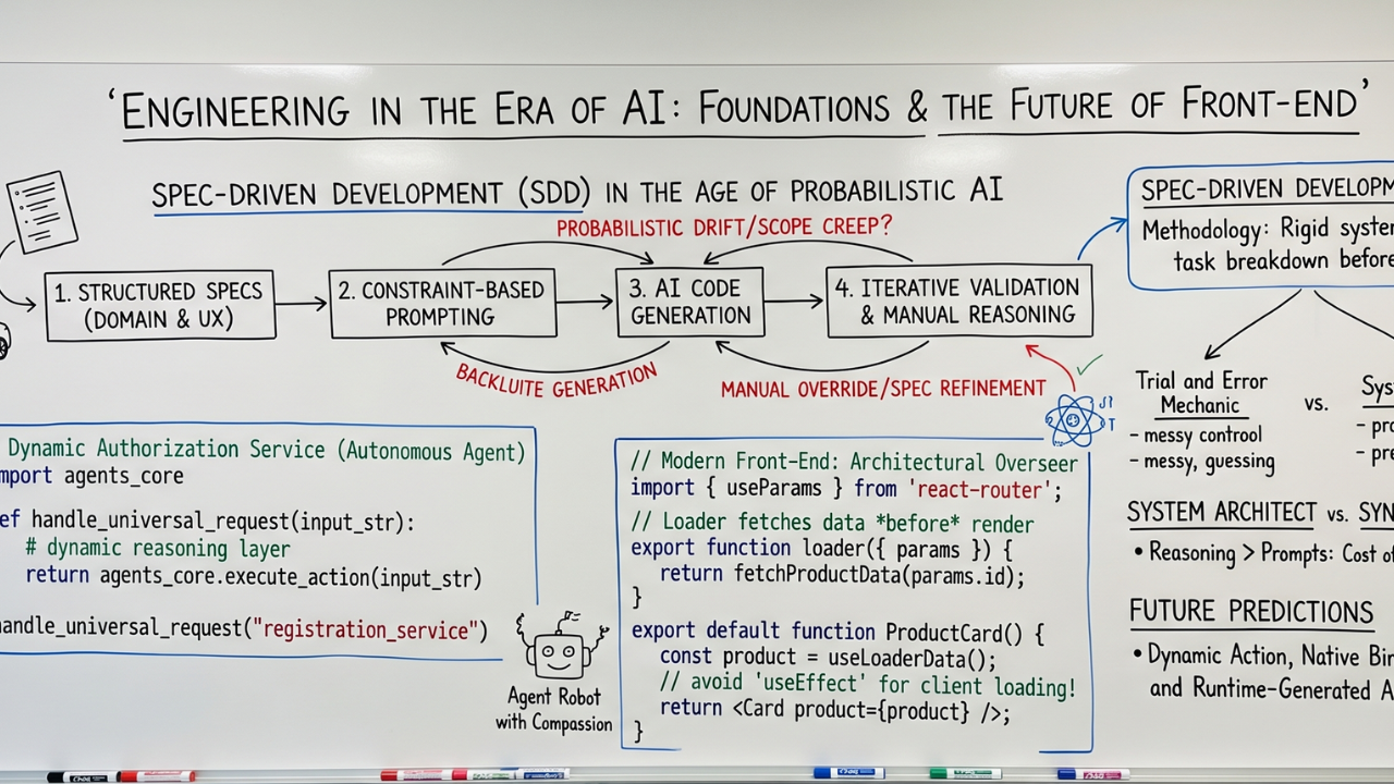 Whiteboard illustration titled “Engineering in the Era of AI: Foundations & the Future of Front-End,” explaining spec-driven development, AI code generation, iterative validation, and modern front-end architecture with Perete Harrison, DevOps, Software & AI Engineer; Kehinde Adeyombo, Front-End Web Development Engineer; and Gideon Usani, Front-End Web Development Engineer.